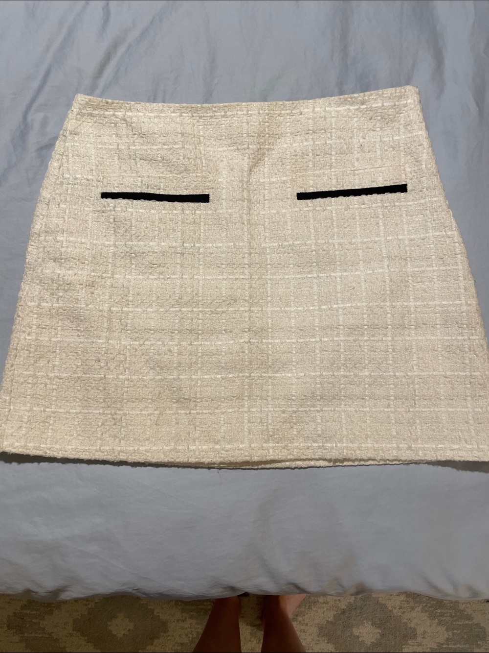 LOFT Cream Tweed Mini Skirt with Black Pocket Trim